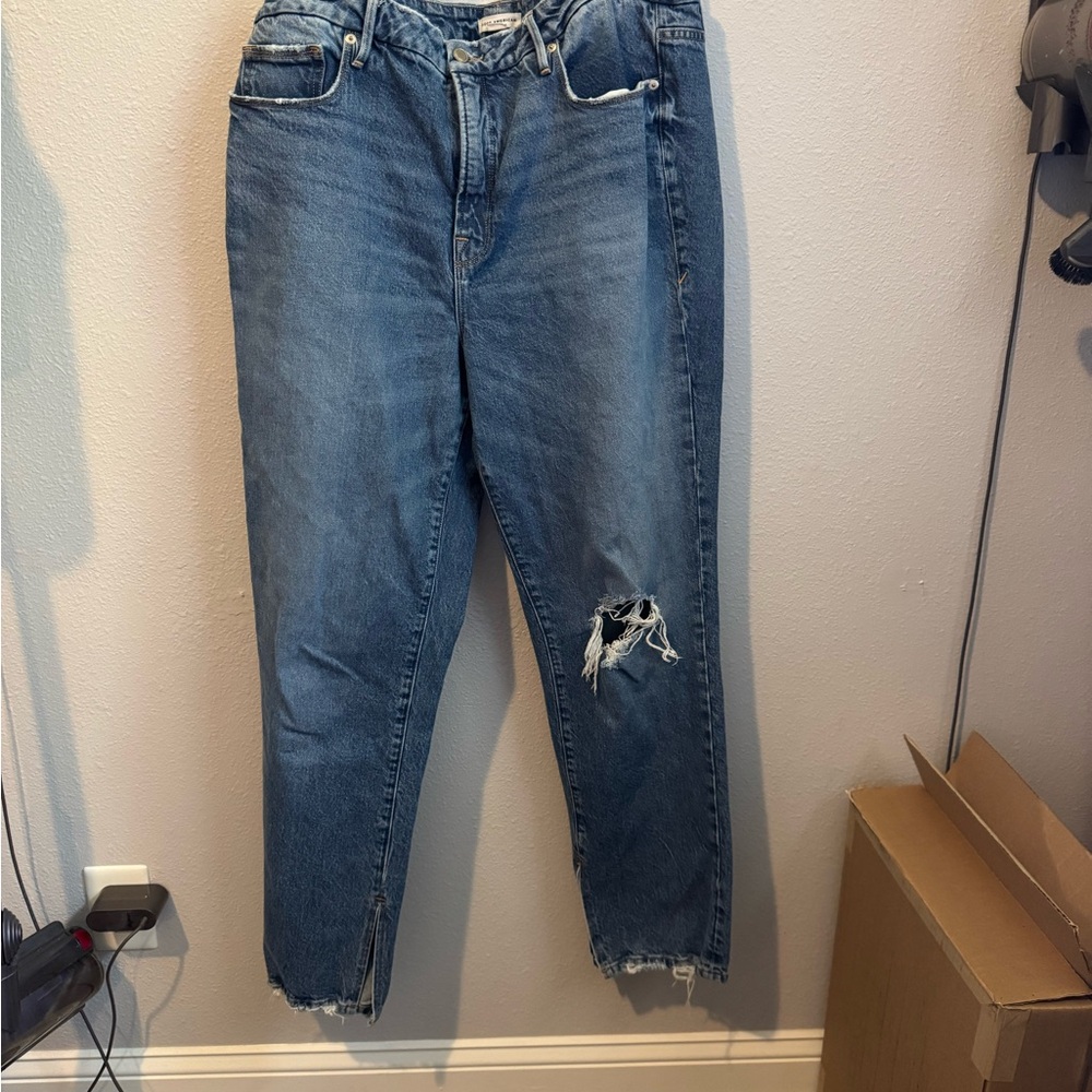 EUC Good American Blue Distressed Boyfriend Jeans Sz 16